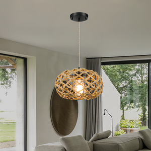 Lampe suspendue en rotin rétro transfrontalière, installation de projet, <span class=keywords><strong>hauteur</strong></span> réglable, LED à intensité variable, salon, chambre à coucher, chevet - Product Image 3