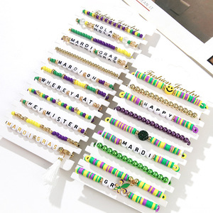 Fashion Jewelry Mardi Gras <b>Beaded</b> <b>Bracelet</b> Set Letter Charm Elastic Stackable Party Gift Jewelry - Product Image 2