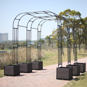 Outdoor Iron Arch Trellis With <b>Planters</b> 8 Feet Modern Garden Arbor For Backyard Climbing Plants - Product Image 3