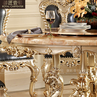 Table à manger en bois massif européen sculpté avec un grand dragon rouge et un design moderne en marbre de jade, meubles de maison avec combinaison de chaises