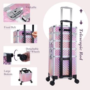 กระเป๋าเครื่องสำอางแบบล้อลาก 4 ล้อ ทำจากอะลูมิเนียม งานแฮนด์เมด พกพาสะดวก ดีไซน์เรียบง่าย สำหรับช่างแต่งหน้าและช่างทำเล็บ - Product Image 2