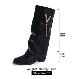 Chaussures pour femmes, nouveau style, talons hauts sexy de 6.5cm, bottes hautes jusqu'aux genoux, couleur unie, bottes longues en forme de V, strass en métal, XRui717 - Product Image 4