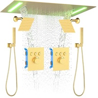Système de douche cascade premium avec double pommeau de douche rectangulaire de 6 pouces, ensemble de robinetterie LED doré brossé 14x20 pouces