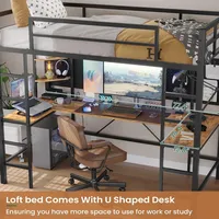 Lit mezzanine de taille avec bureau en U et lumières à LED Cadre de lit en métal à double LED avec station de charge et étagère de rangement