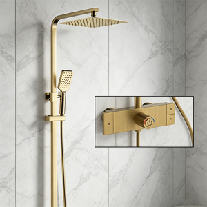 Système <span class=keywords><strong>de</strong></span> <span class=keywords><strong>douche</strong></span> HONGDEC en laiton brossé doré non revêtu, avec pommeau <span class=keywords><strong>de</strong></span> <span class=keywords><strong>douche</strong></span> carré, douchette à main et <span class=keywords><strong>barre</strong></span> coulissante réglable - Product Image 1