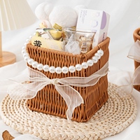 Panier en osier pour demoiselle d'honneur, panier de rangement en rotin tressé avec poignées en perles, pour fleurs artificielles, cadeaux, mariage, maison, jardin