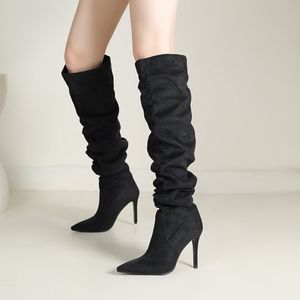 Botas Mujeres Trendy Wrinkle Shoes Stiletto Thin <b>Heel</b> Knee-High Women Boots - Product Image 2