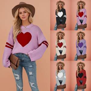 <strong>Valentine</strong> Heart Print Knitted Sweater Women Loose Crew Neck Pullover Y2K Contrast Color Striped Knitwear <strong>Jumper</strong> - Product Image 2