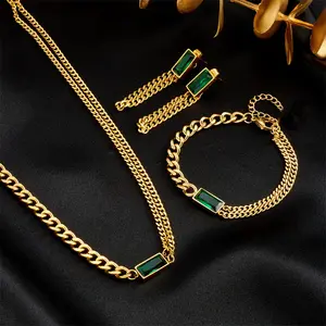 Conjuntos de joias esmeralda da moda, colar, pulseira, acessórios, brincos, conjuntos de joias para mulheres douradas