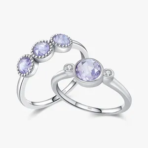 925 Sterling Silver Fine Jewelry Stackable Rings Set Rose Cut Light Purple Cubic Zirconia Three Stones Fashion Rings