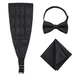 High Quality 100% Microfiber Woven Black Paisley Cummerbund And Bow Ties For Men And Pocket Square Set
