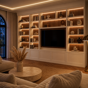 Libreria a Muro Personalizzata con Illuminazione LED Integrata da Pavimento a Soffitto, Nicchia TV, Mensole Aperte, OEM, Bianco Crema Noce, per Soggiorno, Produzione di Fabbrica - Product Image 1