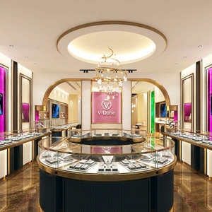 Design d'Interni per Gioielleria di Lusso, Bancone Espositivo Rotondo Personalizzato Nero e Oro con Illuminazione LED - Product Image 4