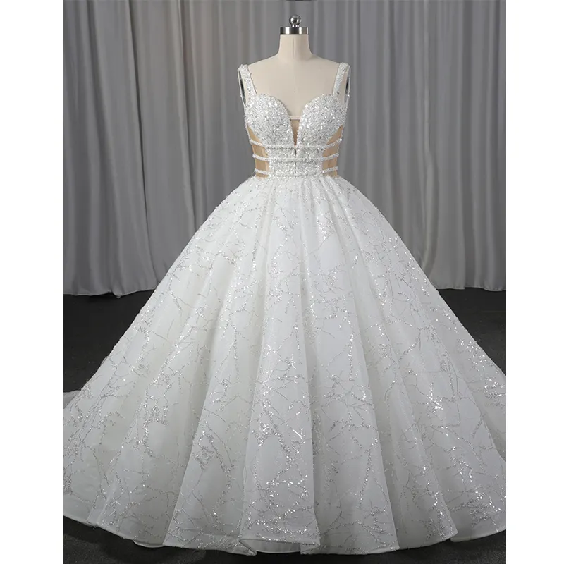 Luxury beaded lace applique Spaghetti Strap ball gown wedding dress bride gown backless made to measure