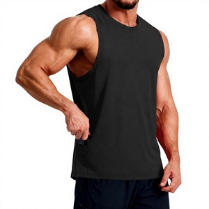 <b>Men's</b> <b>Black</b> Sleeveless <b>Tank</b> <b>Top</b> O-Neck Quick Dry Sporty Fit With Side Pockets Knitted Polyester Solid Color Workout Wear - Product Image 3