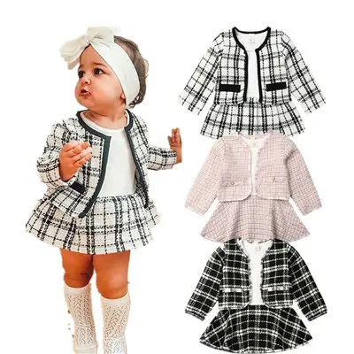 Último diseño para niños niñas clásico Formal vestidos casuales ropa de manga larga 2 pieza traje de niña vestidos conjuntos de ropa