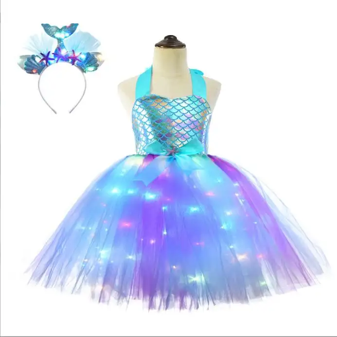 Girls Mermaid Costume LED Light Up Mermaid Princess Dress Mermaid Cosplay Tutu Dress for Birthday Party