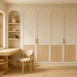 Armario de Dormitorio Moderno Estilo Francés en Color Crema con Nicho Abierto Arqueado Empotrado Junto a Mesa de Trabajo Integrada - Product Image 1
