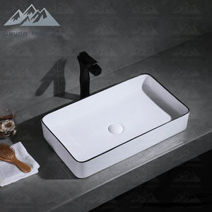 Lavabo en céramique blanc rectangulaire moderne Wayon avec bord noir pour salle de bain - Product Image 3