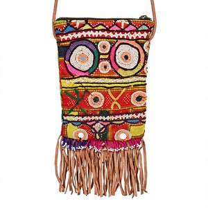 Banjara Embroidered Bohemian Geometric Pattern Genuine Leather Zipper Closure Shoulder <b>Bag</b> with Mirror-<b>Work</b> Sling - Product Image 3