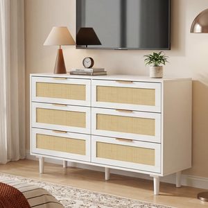 Cómoda SENYU blanca de 6 cajones con paneles de ratán, estilo moderno de mediados de siglo, para dormitorio - Product Image 3