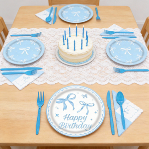 640419 Kit per Festa <span class=keywords><strong>di</strong></span> <span class=keywords><strong>Compleanno</strong></span> Azzurro: Elegante Set <span class=keywords><strong>di</strong></span> Stoviglie a Tema Fiocco per Baby Shower o Compleanni - Product Image 1