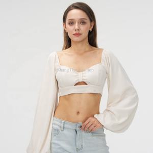 Top Corto para Mujer de Alta Calidad OEM con Logotipo Personalizado, Detalle de Corte Fruncido en la Parte Delantera, Manga Abullonada, Tops de Verano - Product Image 1