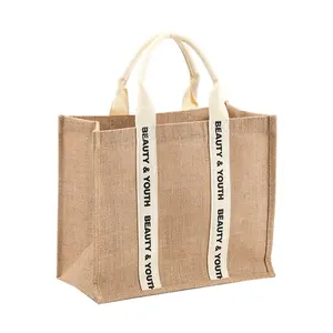 Borsa Tote di canapa riciclata riutilizzabile naturale grande all'ingrosso personalizzabile eco-friendly juta Tote Bag Shopping Bag con loghi