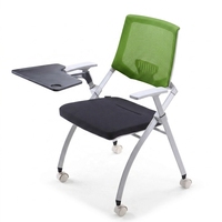 Chaise de formation moderne avec support lombaire fixe, dossier en maille, accoudoirs réglables et coulissants, siège rabattable, tablette d'écriture horizontale empilable