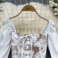 Nouveautés Vente Flash Robe Mini Trapèze à Col Carré Manches Longues Taille Haute Empire Élégante Manches Lanterne Plissée Unie pour