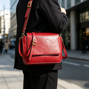 Ladies Retro Leather‑Like Flap Shoulder Bag Red Solid Color Back <b>Zip</b> Pocket Adjustable Strap Daily Crossbody <b>Purse</b> - Product Image 3