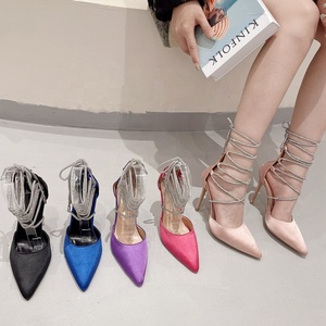 Sandales d'extérieur pour femmes à talons aiguilles, dessus en satin doux, talons fins, diamants brillants, brides de cheville, printemps, automne, été - Product Image 5