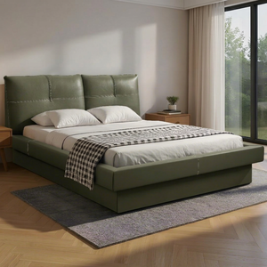 Modern Upholstered Solid Teak Wood <b>Bed</b> Frame <b>Queen</b> Size Faux Leather Soft <b>Bed</b> <b>with</b> Quilted Headboard and Footboard - Product Image 1