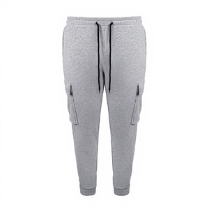 Pantalon de survêtement cargo gris léger en toile pour homme, 100 % coton, taille élastique plate avec cordon de serrage, plusieurs poches, décontracté, coupe-vent - Product Image 1