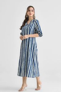 Imprimé floral nouveau rayé femmes été longue robe robe à manches longues bureau dame tenue robe pour bureau porter - Product Image 3