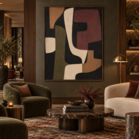 Peinture sur toile abstraite géométrique organique de style vintage aux tons terreux, noir, beige, bordeaux, art mural pour la décoration d'hôtel, de villa, de bureau