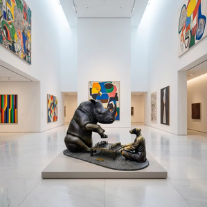 Gran instalación artística de cobre fundido con rinoceronte y perro, escultura de bronce de rinoceronte y perro jugando ajedrez para vestíbulo de museo y club de alta gama - Product Image 2