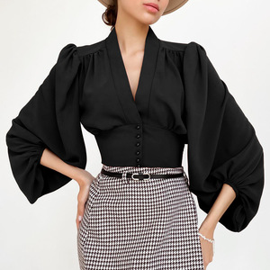 Chemisier Victorien pour Femme, Col <span class=keywords><strong>en</strong></span> V, Manches Longues Lanterne, Coupe Ajustée, Romantique et Élégant, Haut de Bureau d'Automne, Chemise de Travail, Vente <span class=keywords><strong>en</strong></span> Gros - Product Image 4
