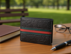 Portafoglio da Uomo in Vera Pelle con Motivo a Palme e Fascia Intrecciata, Chiusura Corta Pieghevole, Stile Normcore - Product Image 2