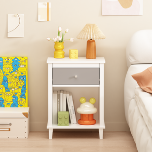 Mesita de noche de madera con un cajón y un estante, color gris, para niños y adultos - Product Image 2