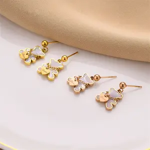 2023 cute peach heart simple titanium steel earrings fashion Korean LOVE peach heart white shell bear earrings stud women