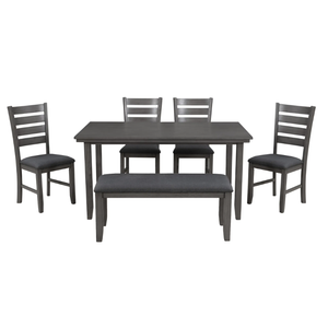 Table et chaises de salle à manger avec banc, ensemble de salle à manger en bois rustique, ensemble de 6 (gris) - Product Image 6