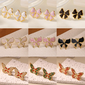 Clip d'oreille papillon en acier inoxydable plaqué or 18 carats pour femmes, multifonctionnel, léger, design à rayures en forme de goutte d'huile, bijoux tendance - Product Image 2