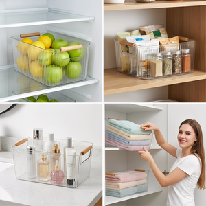Boîte de rangement transparente en PET avec poignée en bois, bac organisateur transparent à rayures verticales <span class=keywords><strong>pour</strong></span> cuisine, réfrigérateur, armoire, salle de bain - Product Image 1