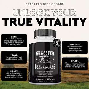 Complément d'organes de bœuf nourri à l'herbe pour le bien-être général du corps : Foie, Cœur, Reins, Pancréas, Rate – Bœuf lyophilisé – 180 capsules - Product Image 5