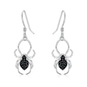 Hot Sales Fashion Jewelry 925 Sterling Silver Black Spider Zircon Dangle Drop Hooks Earrings Jewelry Gifts for Women Teens