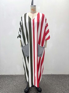 Vestido de manga larga con cuello a rayas en V para mujer, talla grande, estilo africano, moderno, con bolsillos grandes, nuevo vestido largo para mujer - Product Image 4