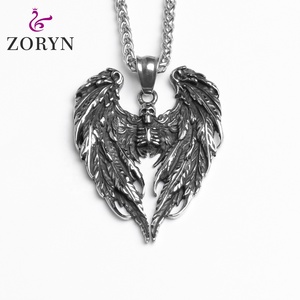 Colliers pendentifs en acier inoxydable avec ailes d'ange tombé, cœur et squelette, style gothique punk vintage, bijoux de mode en acier titane pour hommes - Product Image 1