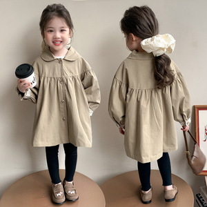 Cappotto Trench in Misto Cotone Tinto in Capo di Media Lunghezza per l'Autunno, Nuovo Stile 2026, Moda Coreana Trendy per Bambine - Product Image 2