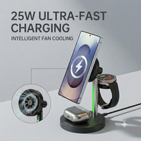 Station de charge sans fil magnétique 3 en 1 à charge rapide 25W avec ventilateur de refroidissement et lumière pour Apple Watch et Samsung Watch